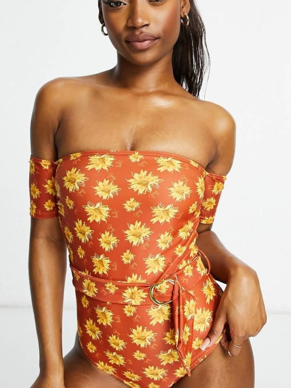 Juicy Couture Rust Orange Floral Off-Shoulder One-Piece Swimsuit
